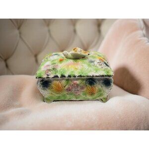 Vintage 1950's Hand Painted Betson Porcelain Vanity Box with Bird & Raised Fruit